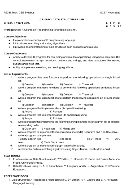Data Structures Lab Syllabus